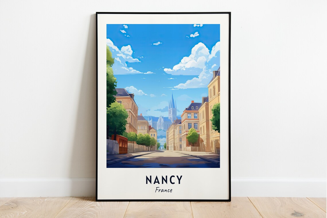 Nancy France Historic Street Cathedral Spire Morning Travel Poster