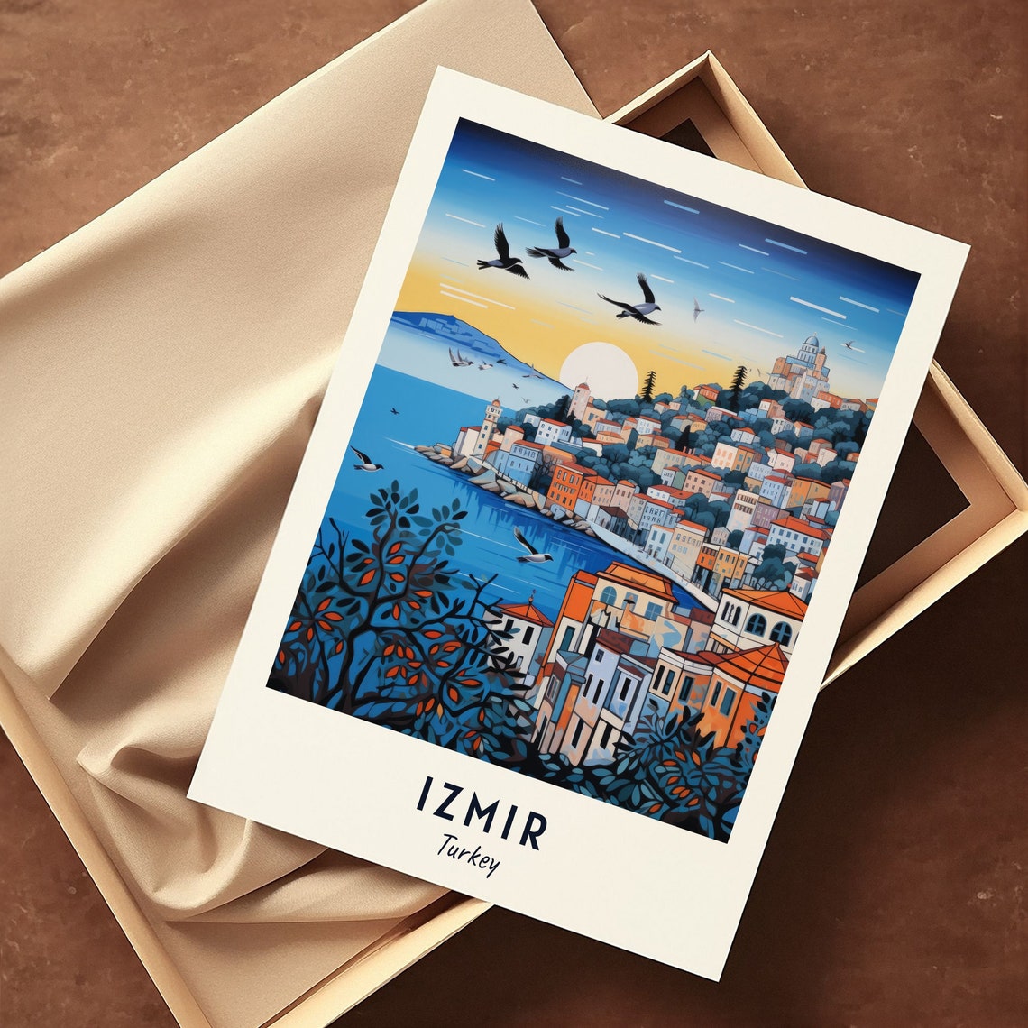 Izmir Turkey Hillside Bay Seagulls Sunset Minimalist Travel Poster - Image 3