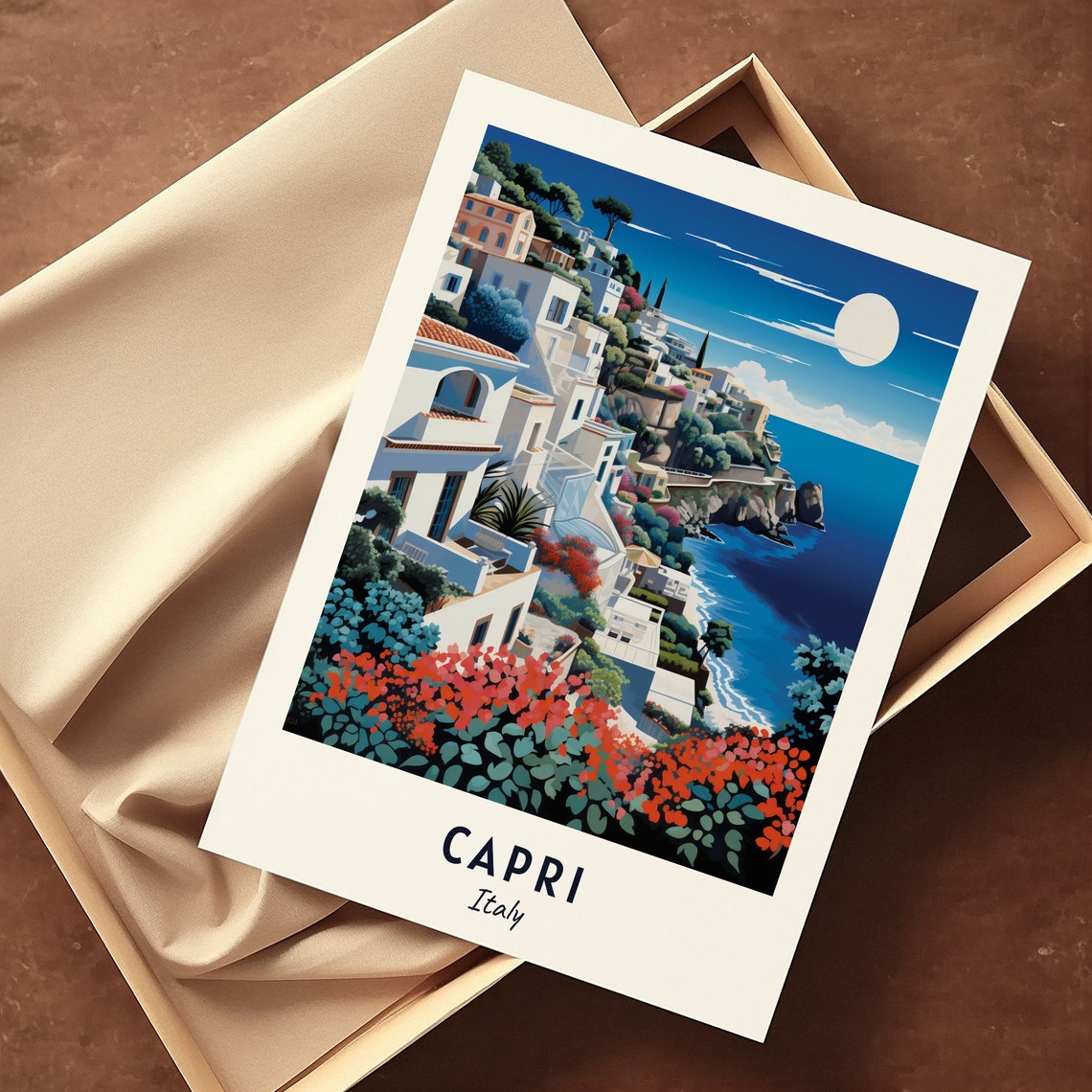 Capri Moonlit Cliffside Town Bougainvillea Italy Travel Poster - Image 3