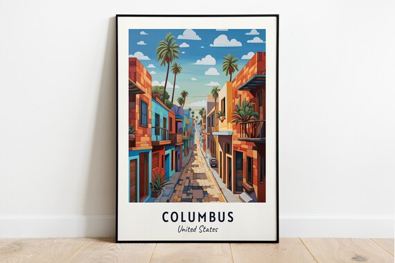 Columbus United States Colorful Palm Lined Street Travel Poster