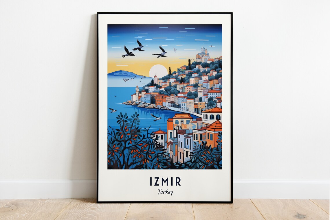 Izmir Turkey Hillside Bay Seagulls Sunset Minimalist Travel Poster