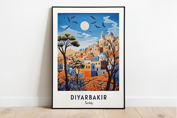 Diyarbakir Turkey Hillside Old Town Beneath The Full Moon Poster