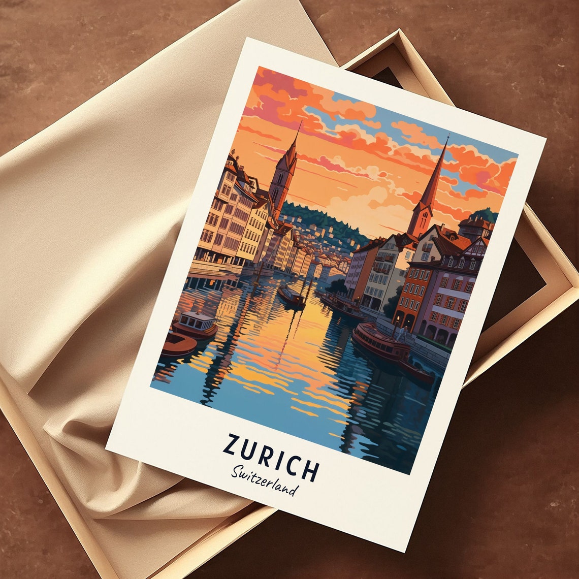 Zurich River Sunset Twin Church Spires Docked Boats Travel Poster - Image 3