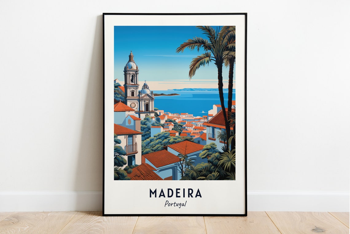 Madeira Portugal Coastal Town Church Palms Ocean View Poster
