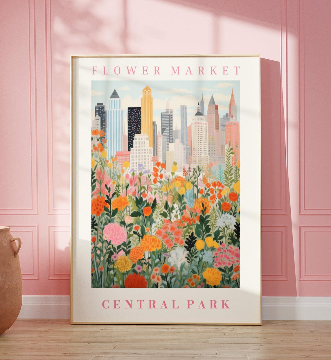 Central Park Flower Market Manhattan Skyline Floral Art Poster