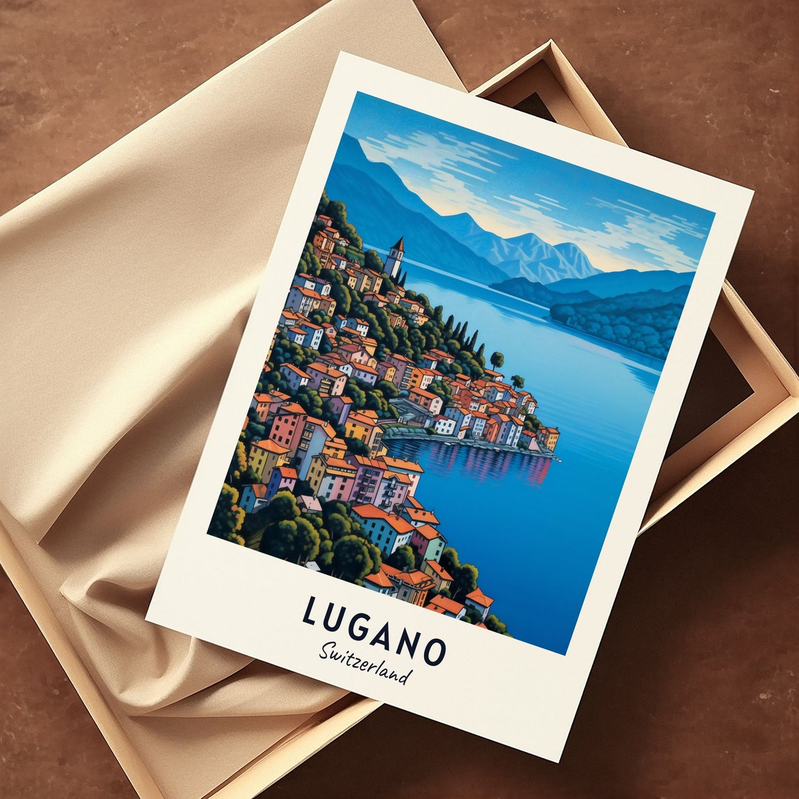 Lugano Switzerland Lakeside Hillside Town Lake View Travel Poster - Image 3