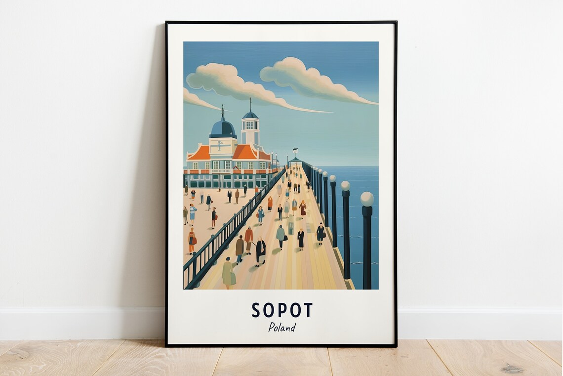 Sopot Wooden Pier Bathhouse Seaside Crowd Baltic Travel Poster