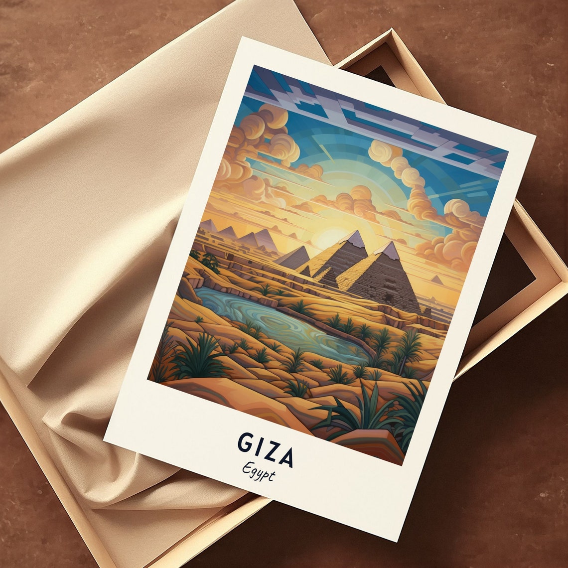 Giza Egypt Pyramids Desert Oasis Pond Palm Trees Sunrise Poster - Image 3