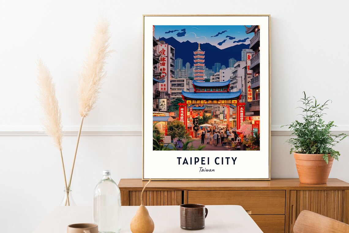 Taipei City Night Market Street Under the Pagoda Taiwan Travel Poster - Image 2