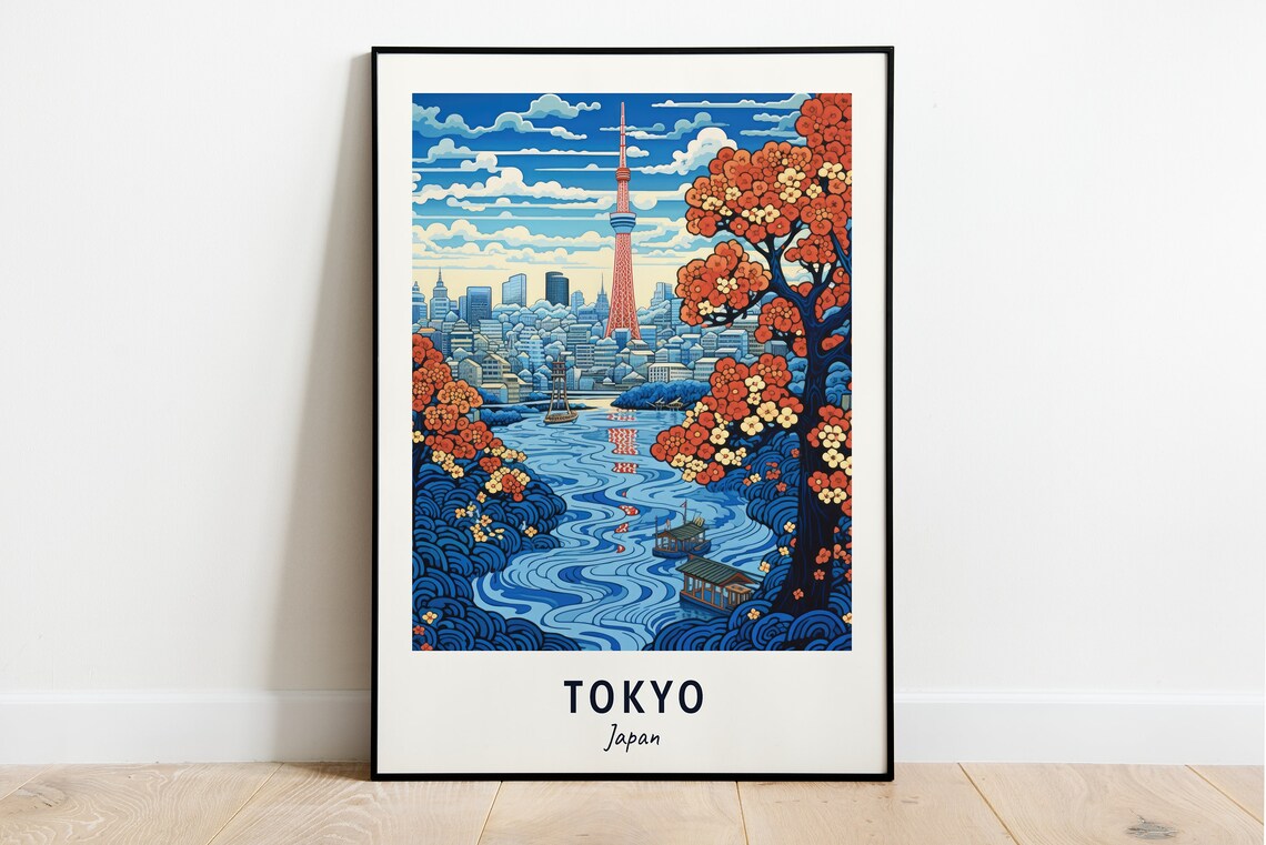 Tokyo Japan Skytree Tower With Autumn Trees Woodblock Style Travel Poster
