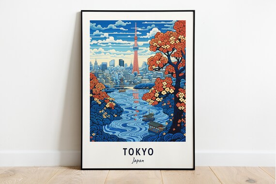 Tokyo Japan Skytree Tower With Autumn Trees Woodblock Style Travel Poster