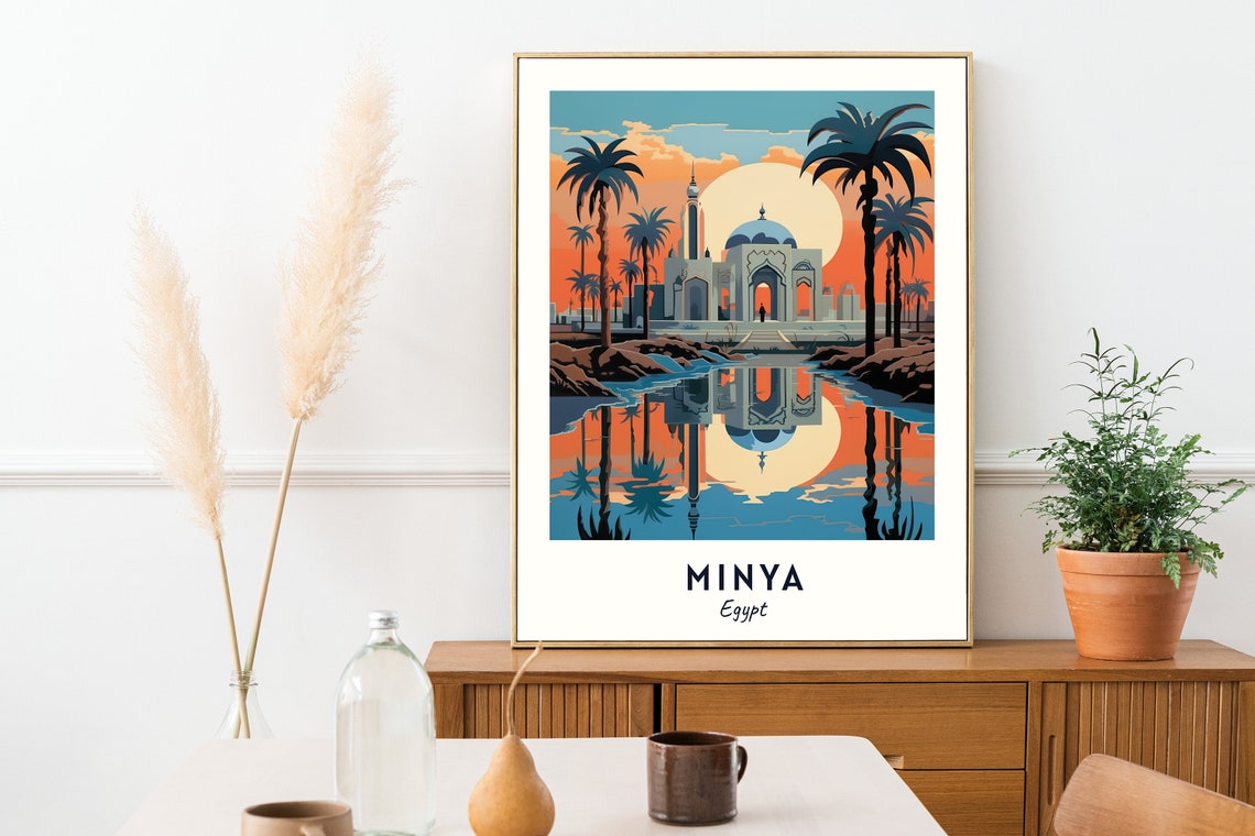 Minya Egypt Sunset Mosque Palm Trees River Reflection Poster - Image 2