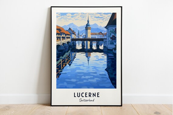 Lucerne Switzerland Chapel Bridge Water Tower Reuss Travel Poster