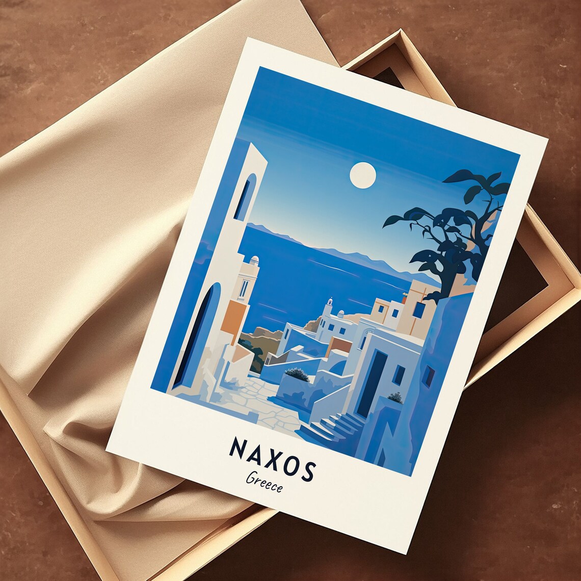 Naxos Blue Hour Alley Stairs Moon Over the Sea Travel Poster - Image 3