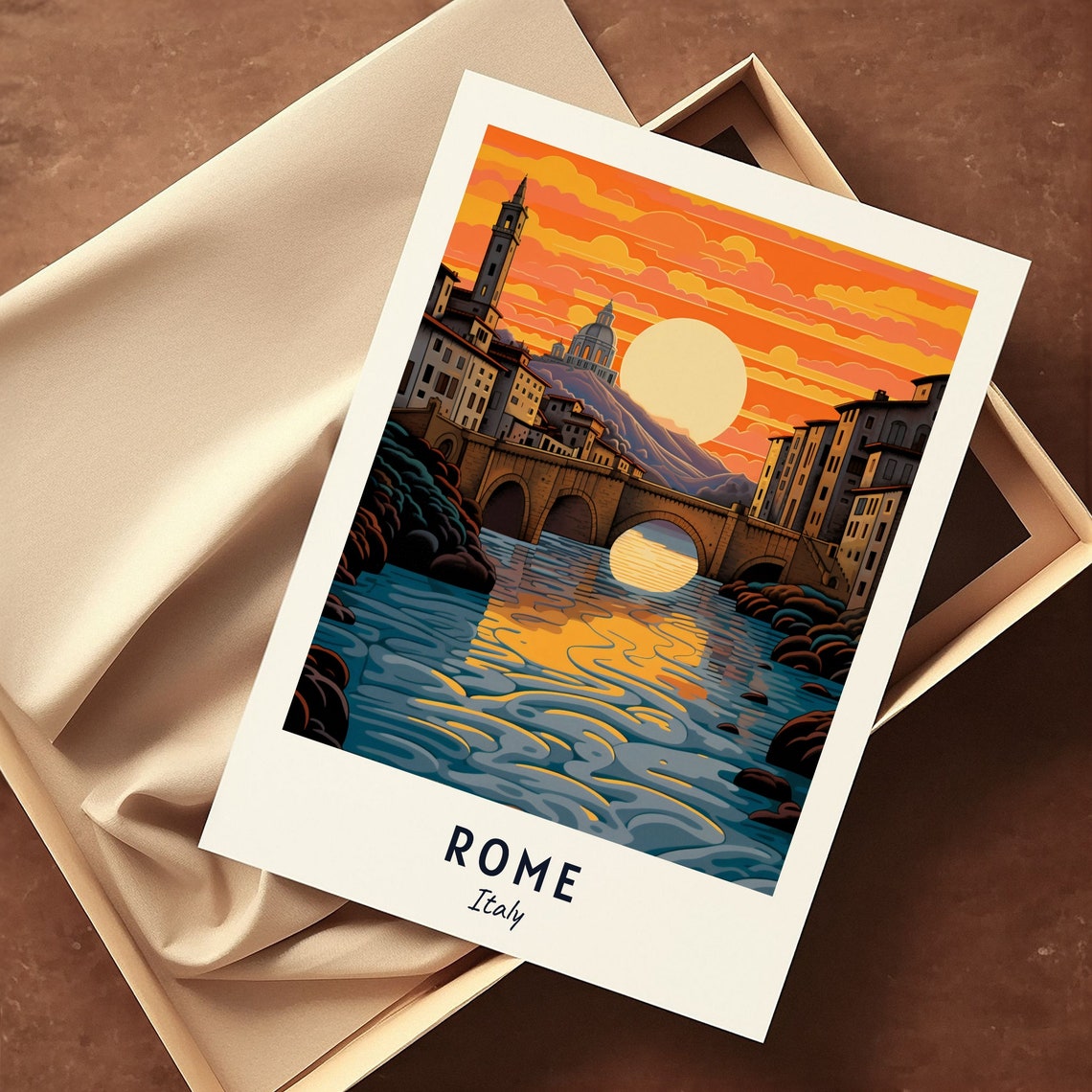 Rome Italy Old Stone Bridge River Sunset Domes View Travel Poster - Image 3