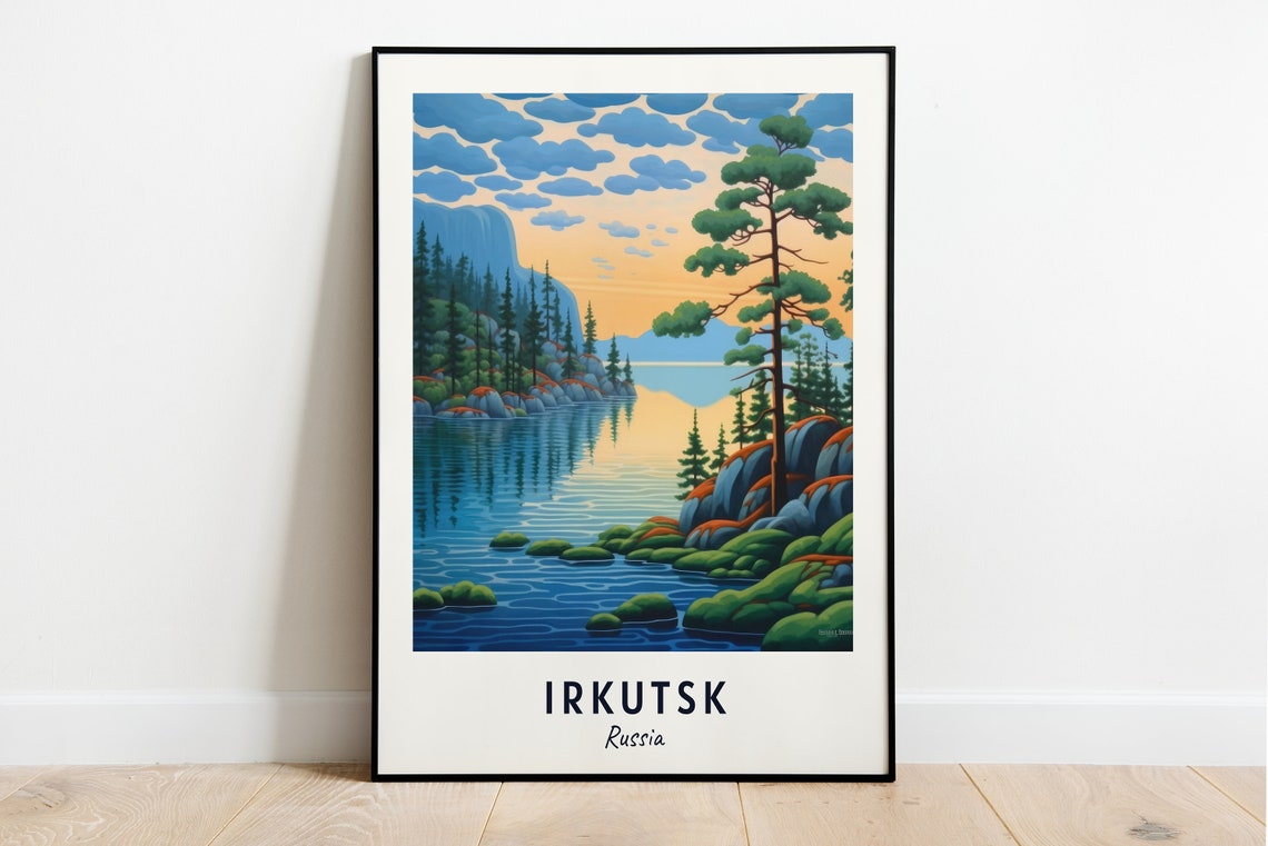Lake Baikal Pine Shoreline at Sunset Irkutsk Russia Travel Poster