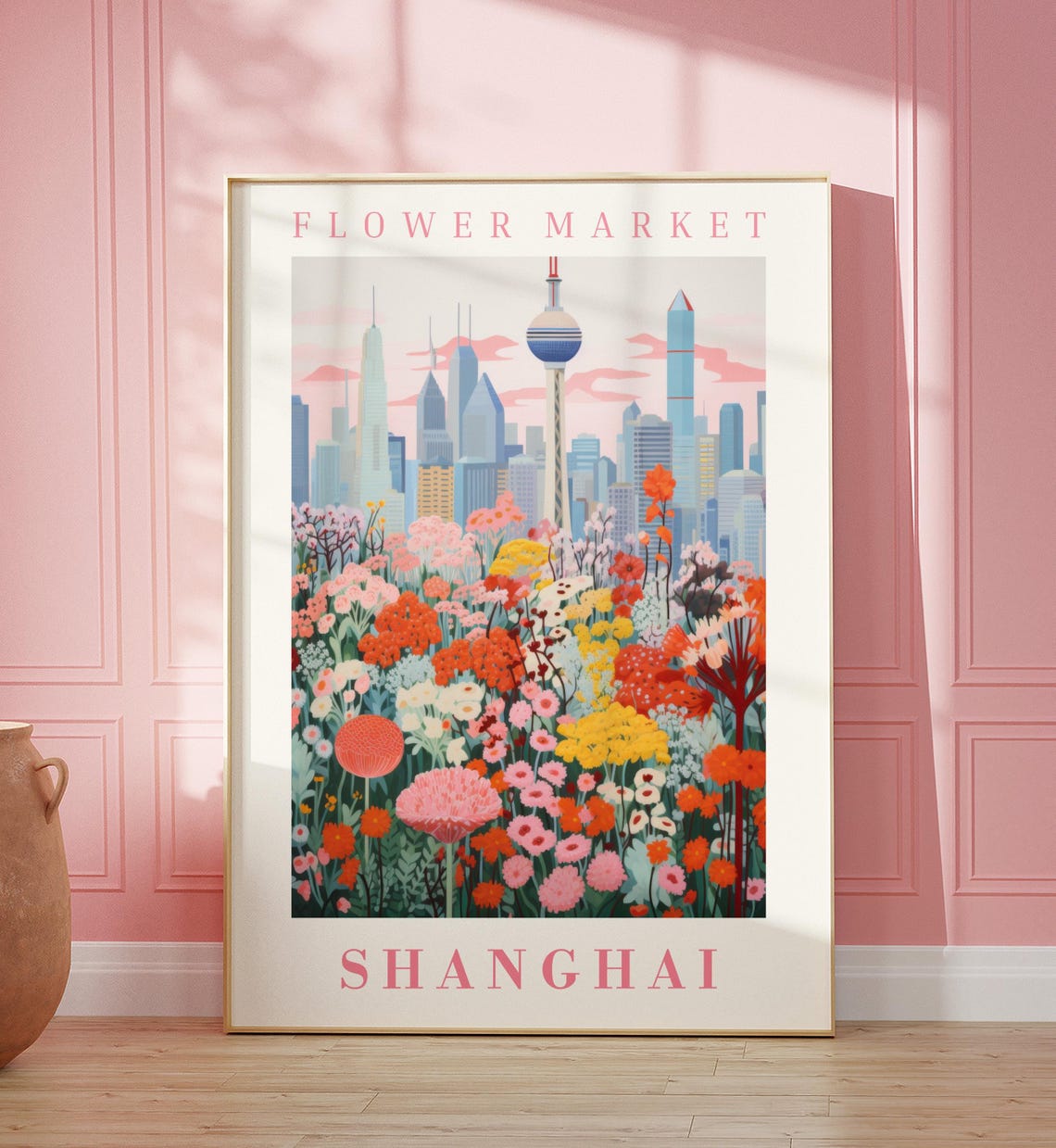 Shanghai China Flower Market Pearl Tower Pink Blossom Travel Poster