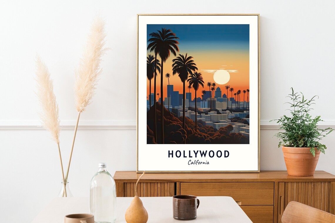 Hollywood California Sunset Palm Silhouette City Skyline Travel Poster - Image 2