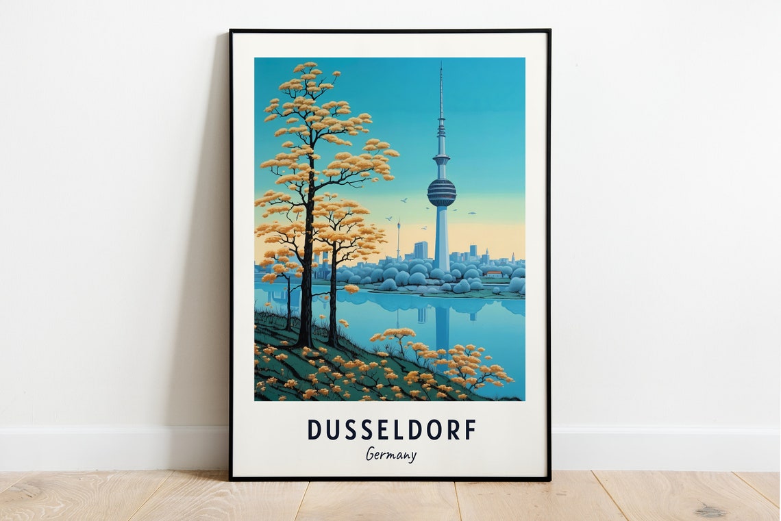 Dusseldorf Rhine Tower Riverside Autumn Trees View Travel Poster