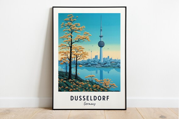 Dusseldorf Rhine Tower Riverside Autumn Trees View Travel Poster