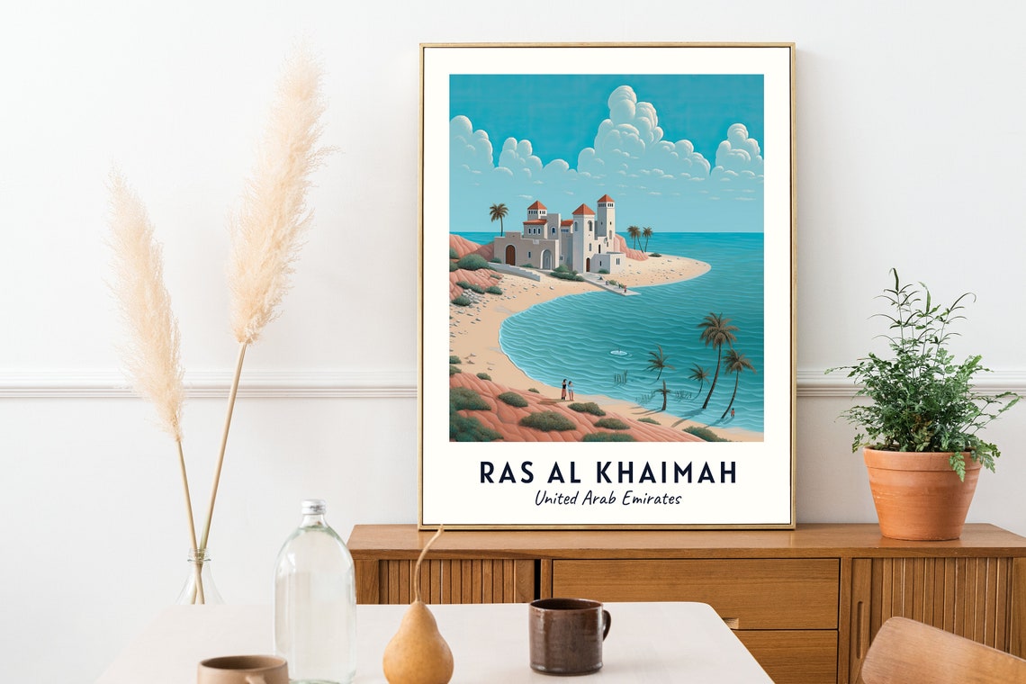 Ras Al Khaimah UAE Coastal Fort On Beach With Palm Trees Poster - Image 2