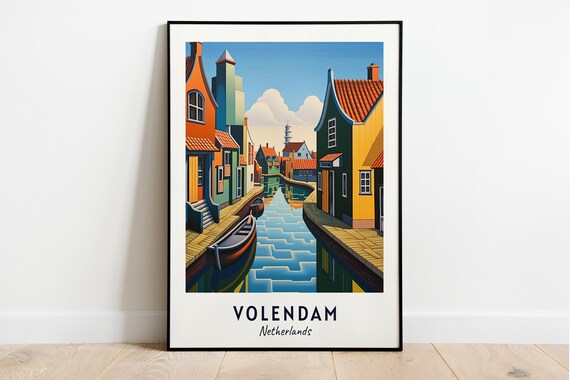 Volendam Netherlands Canal With Colorful Houses Boats Travel Poster