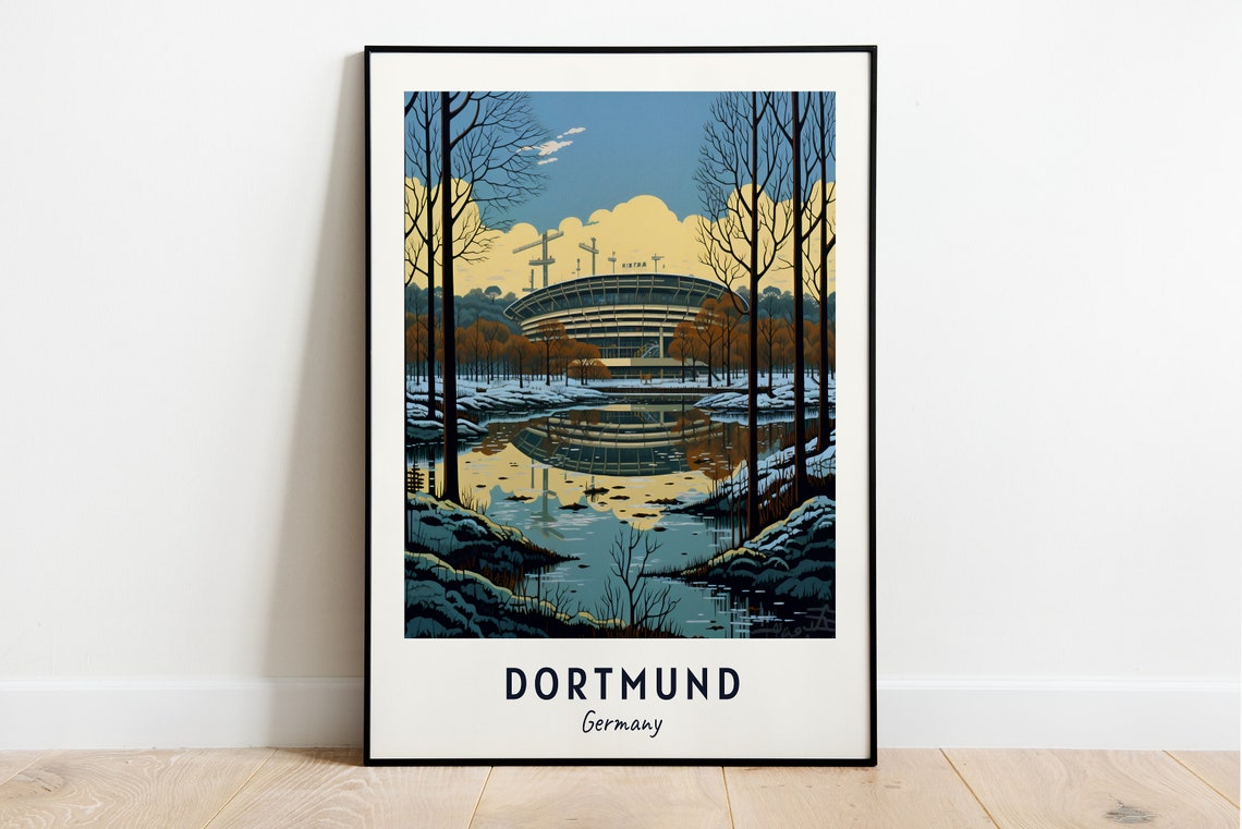 Dortmund Germany Winter Stadium Lake View Travel Poster Home Decor