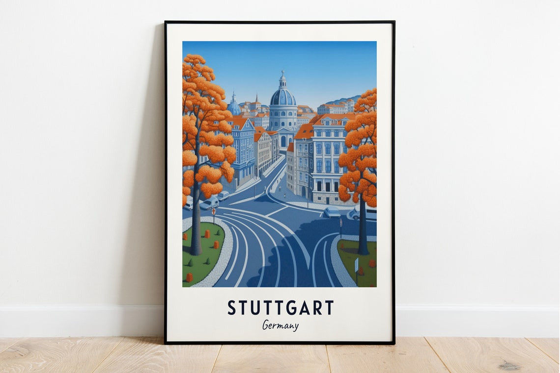 Stuttgart Germany Autumn Orange Trees Street Travel Poster Home Decor
