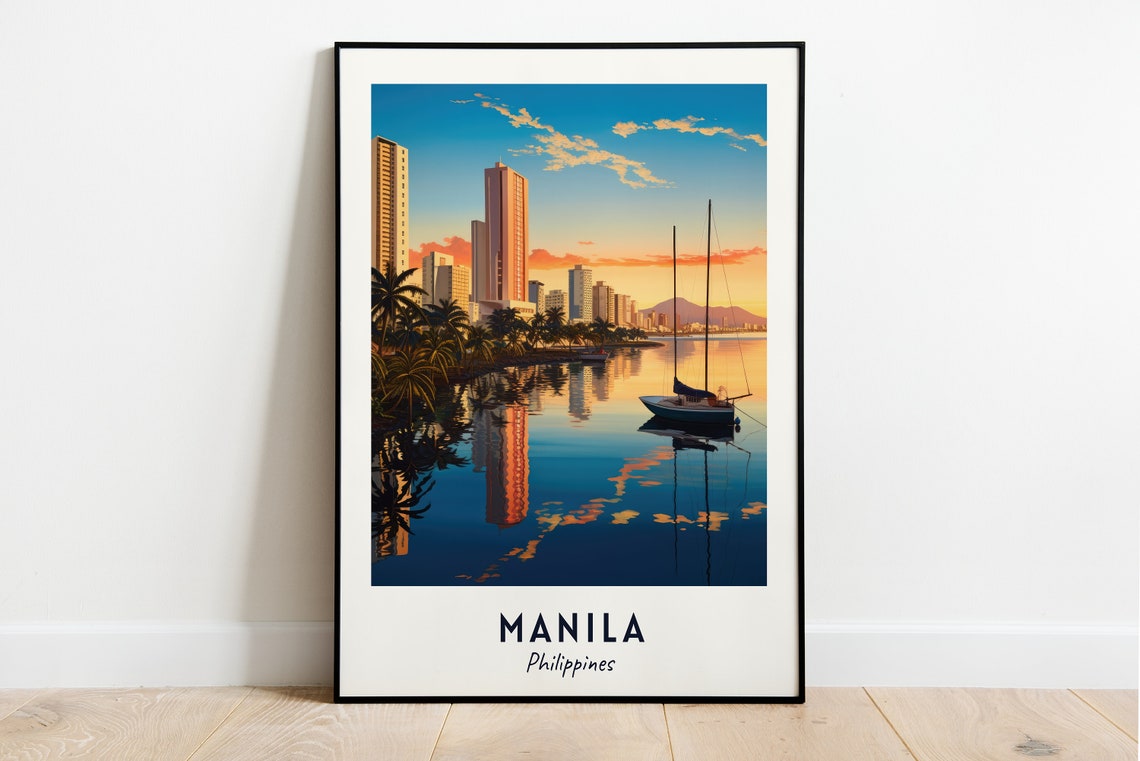 Manila Philippines Sunset Skyline Sailboat Bay Golden Hour Poster