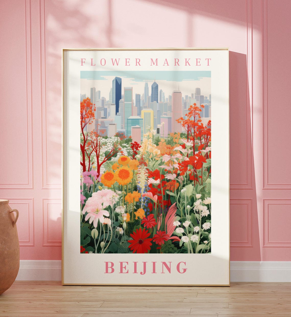 Beijing Flower Market Modern Skyline Floral Illustration Poster