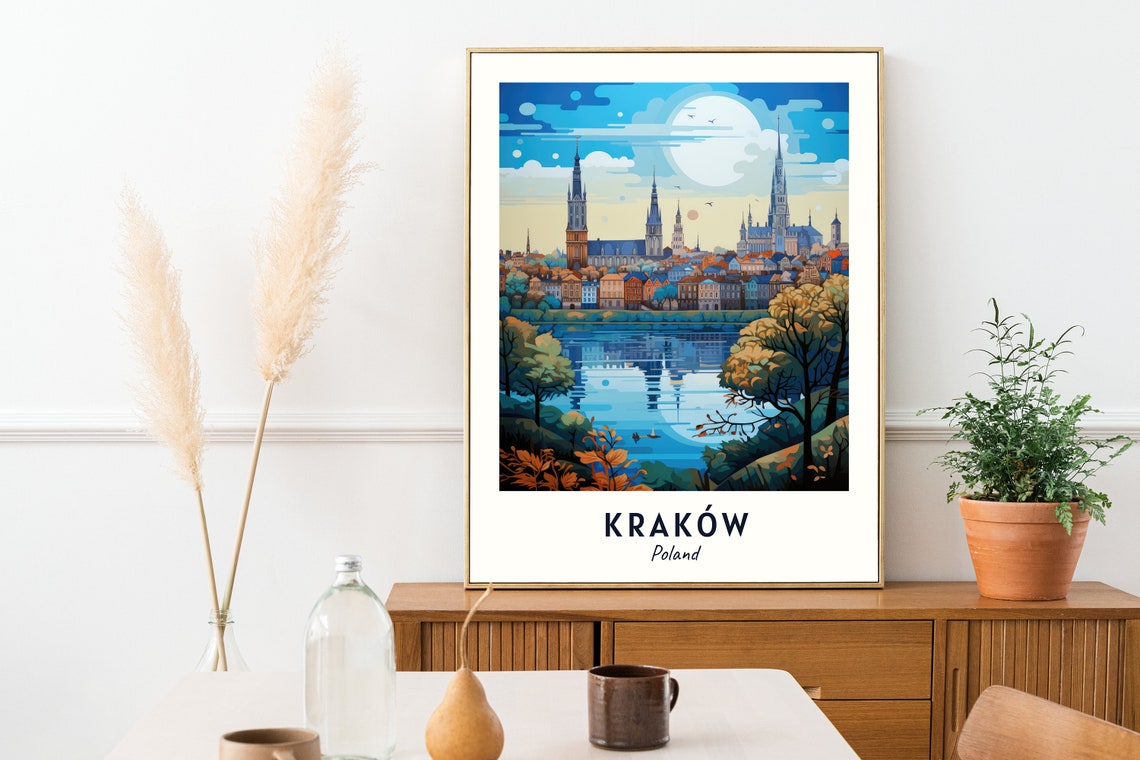 Krakow Poland Moonlit Old Town Spires Over The River Scene Poster - Image 2