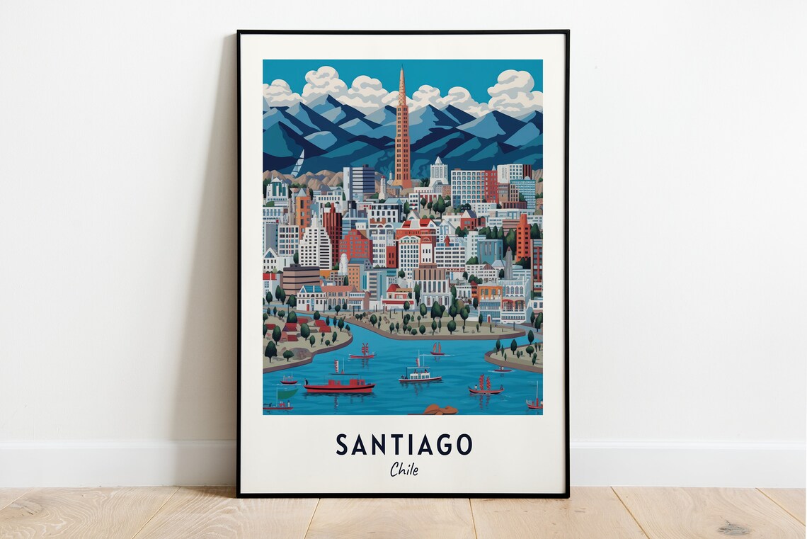 Santiago Chile Skyline Harbor Boats Andes Mountains Travel Poster