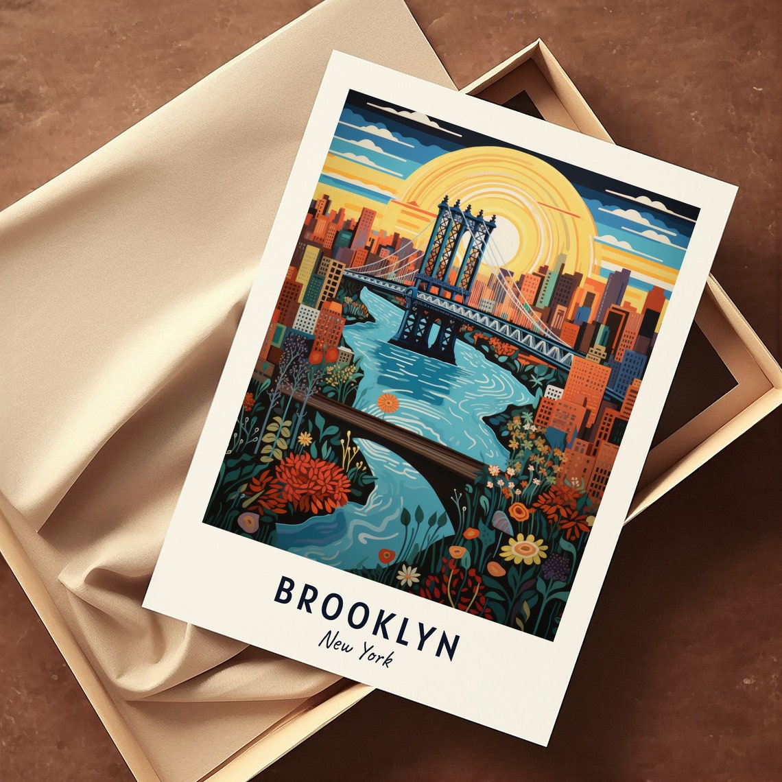 Brooklyn New York Bridge Sunset City Skyline Flowers Travel Poster - Image 3