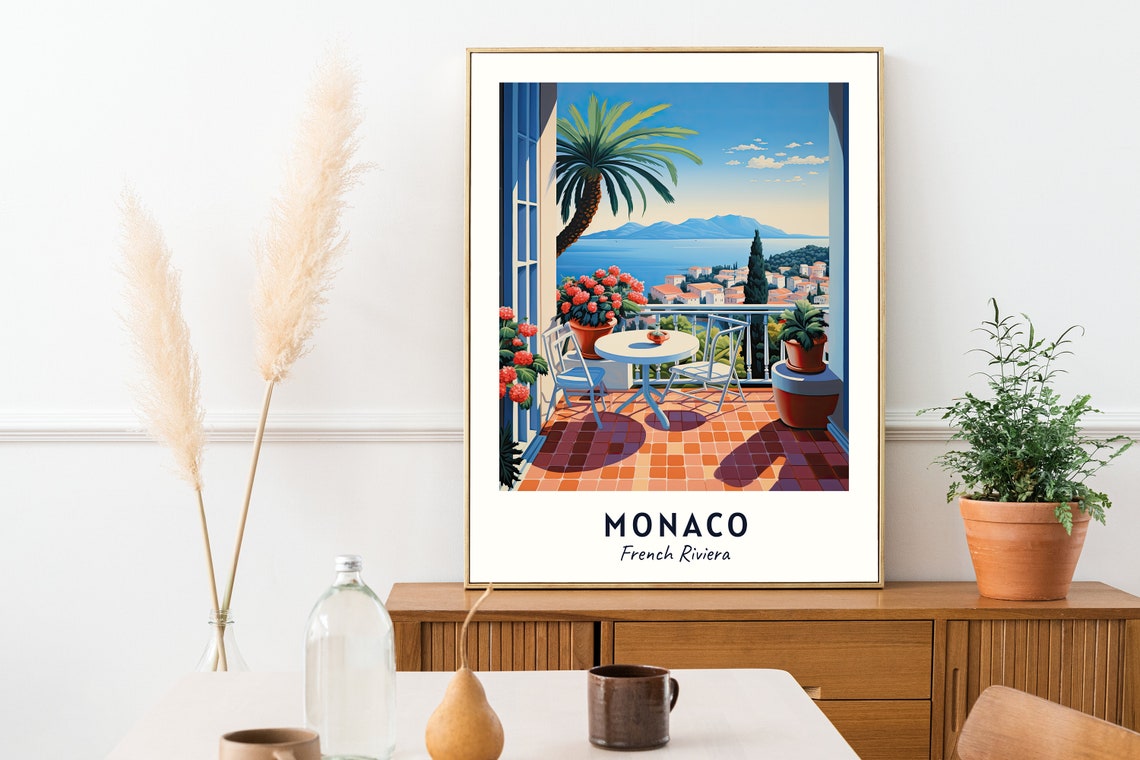 Monaco Sunny Terrace Cafe Table French Riviera Travel Poster - Image 2