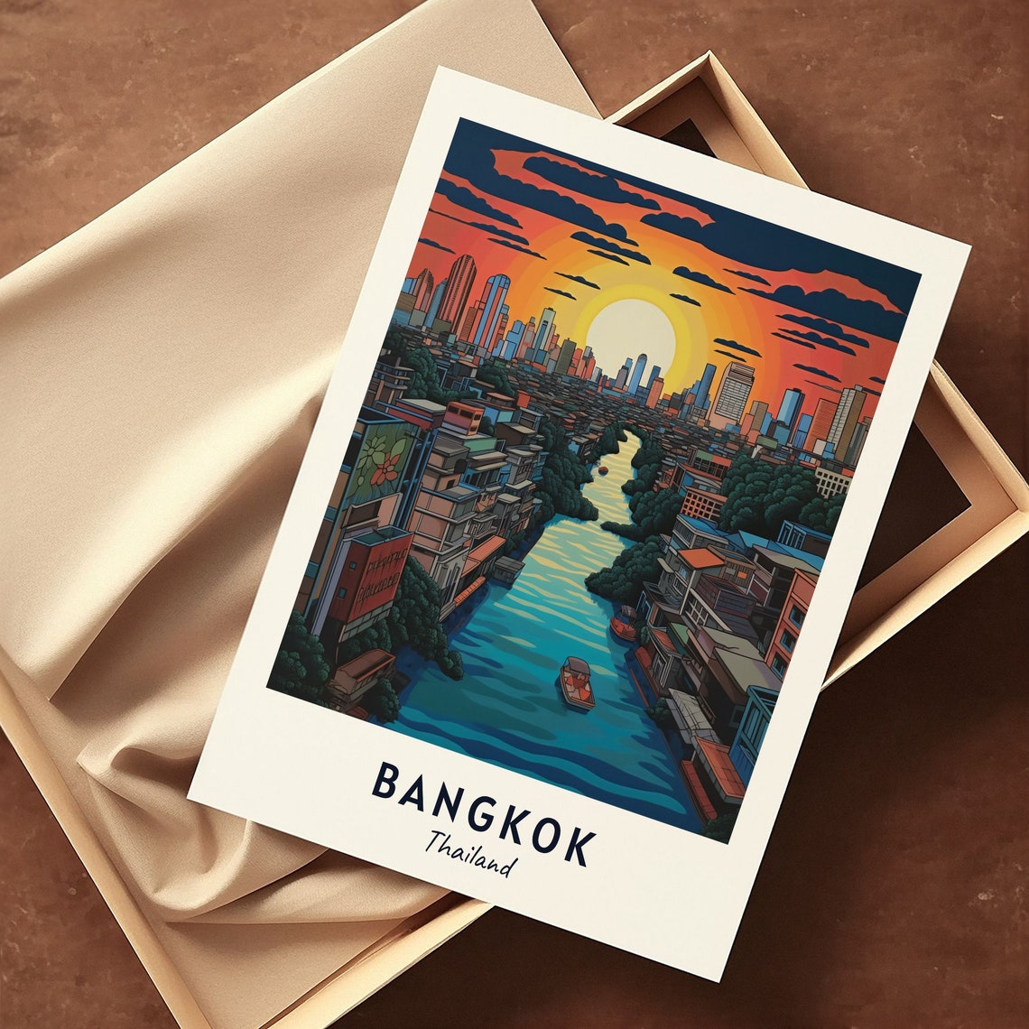 Bangkok Thailand River Boats Sunset Skyline View Travel Poster - Image 3