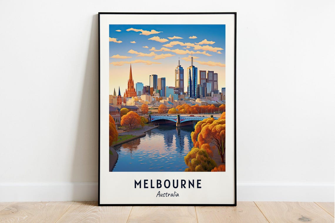 Melbourne Australia Skyline Yarra River Bridge Golden Poster
