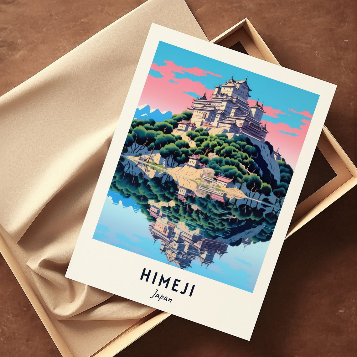 Himeji Japan White Castle Reflected In The Lake Pink Sky Travel Poster - Image 3