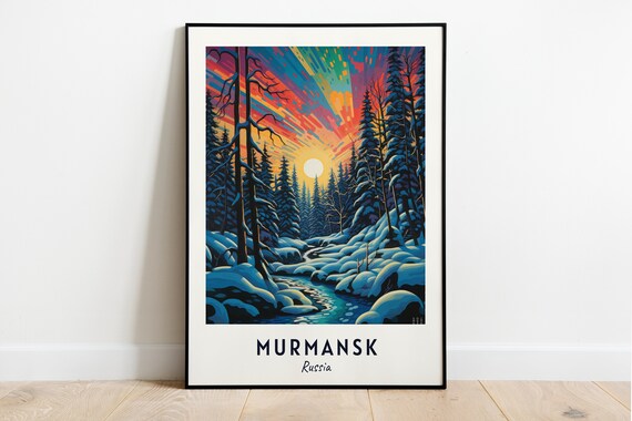 Murmansk Russia Snowy Forest Aurora Night Travel Poster Artwork