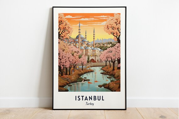 Istanbul Turkey Travel Poster with Mosque and Pink Blossom Trees
