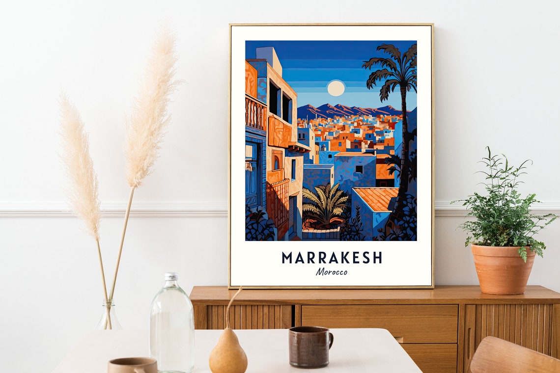 Marrakesh Morocco Blue Medina Rooftops Palm Moon Night Travel Poster - Image 2