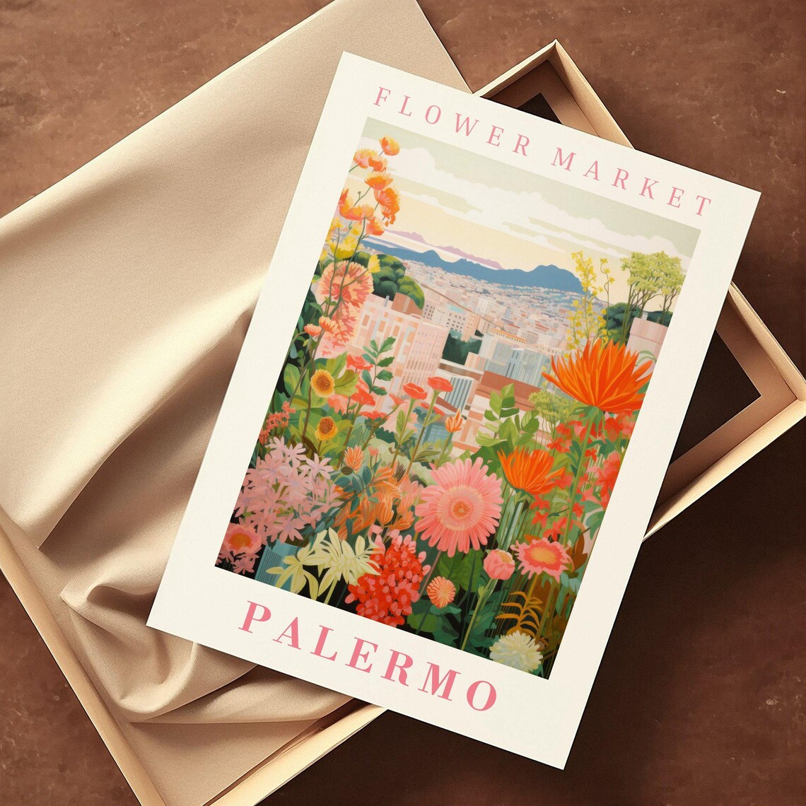 Palermo Sicily Flower Market Coastal Mountain Bloom Travel Poster - Image 2