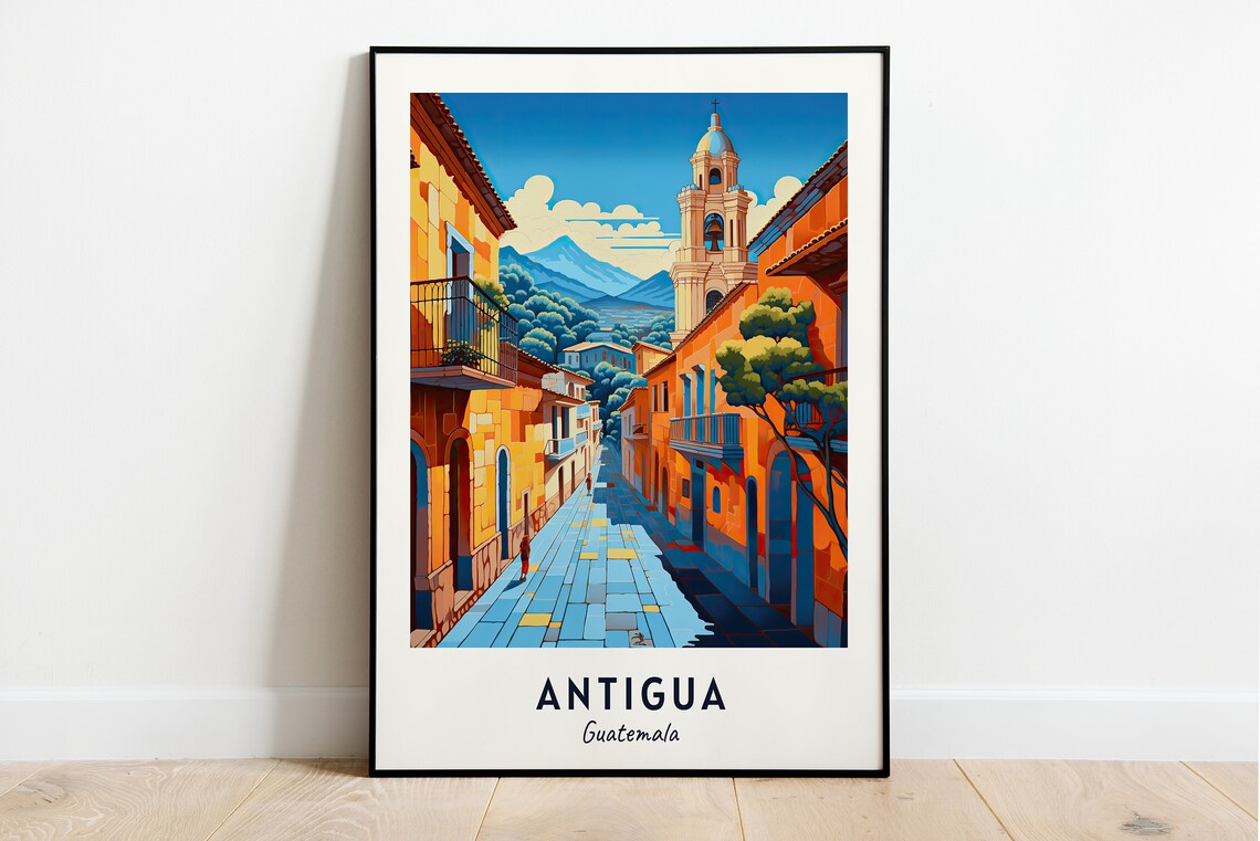 Antigua Guatemala Cobblestone Street and Church Bell Tower Poster - Image 3