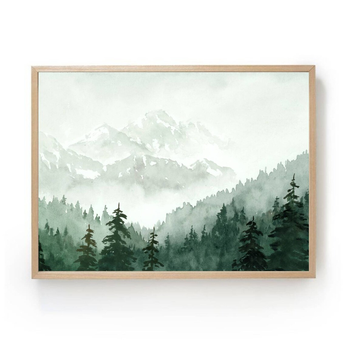 Foggy Mountains Watercolor Painting, Panoramic Landscape