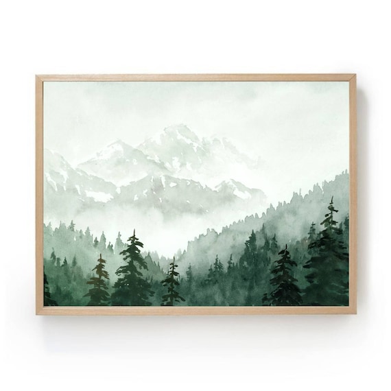 Foggy Mountains Watercolor Painting, Panoramic Landscape