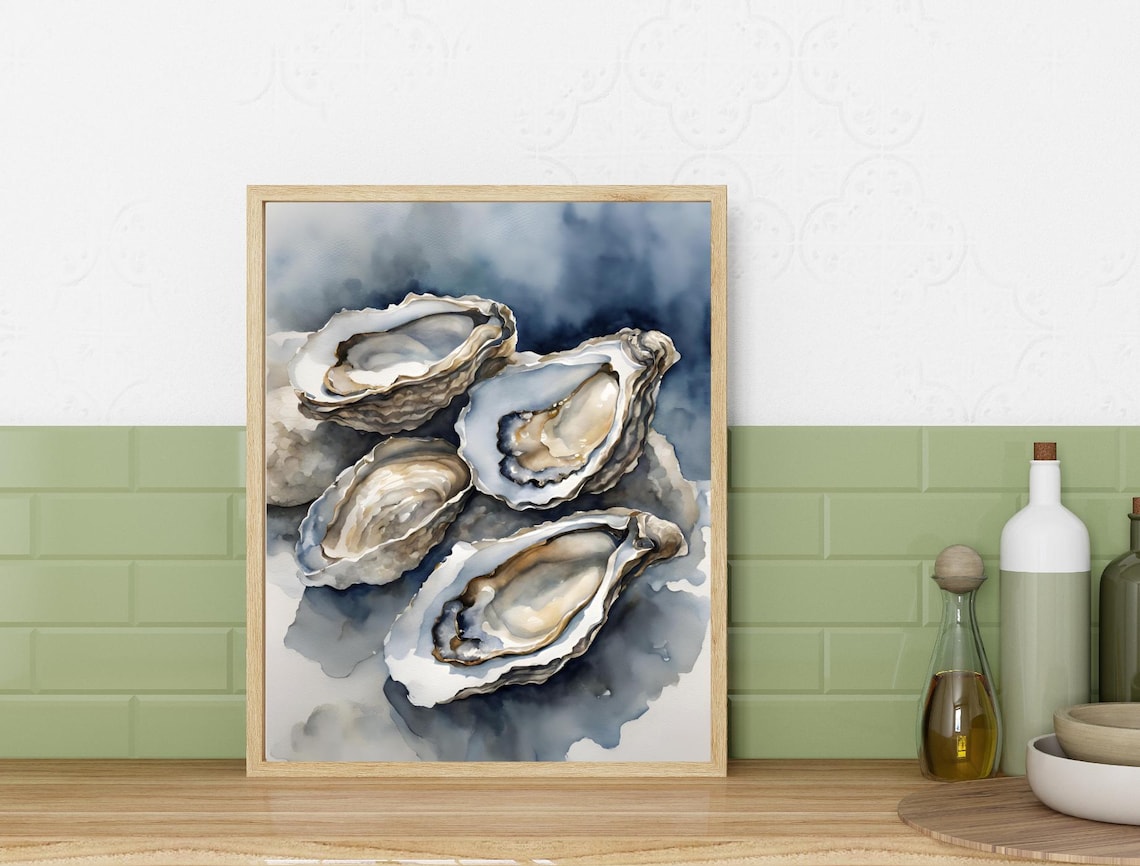 Oyster Watercolor Art Print, Coastal Minimalist Poster