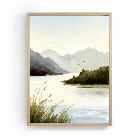 Mountain Lake Watercolor Art Print, Neutral Landscape