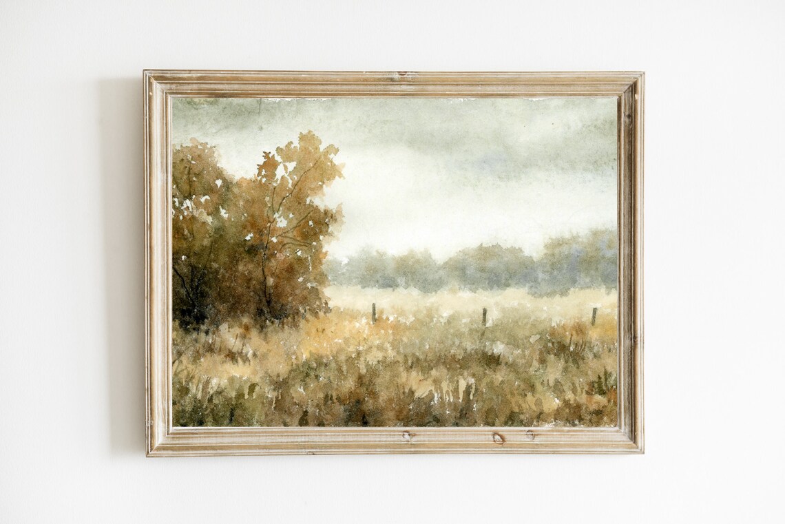 Autumn Fields Watercolor Landscape Poster Rustic Fall Decor for Living Room