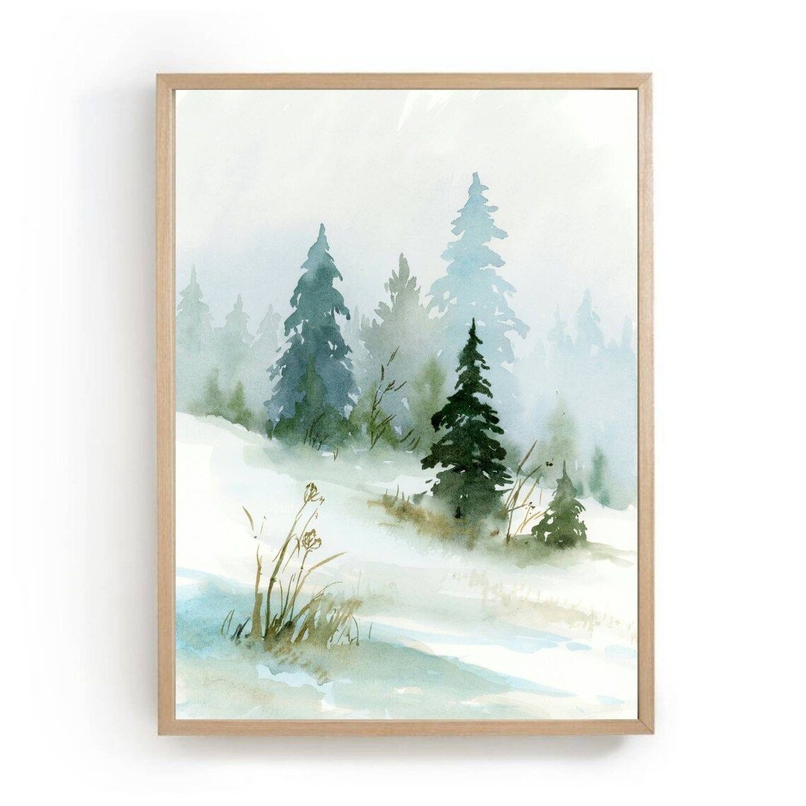 Winter Forest Watercolor Landscape, Pine Trees Art Print