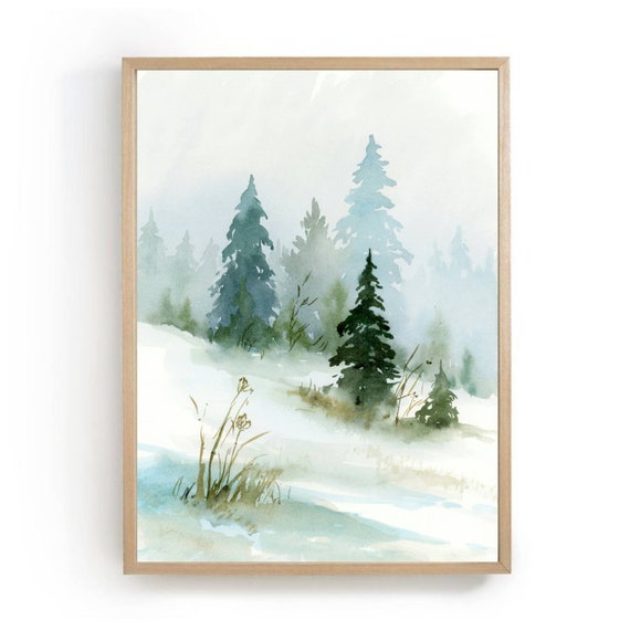 Winter Forest Watercolor Landscape, Pine Trees Art Print