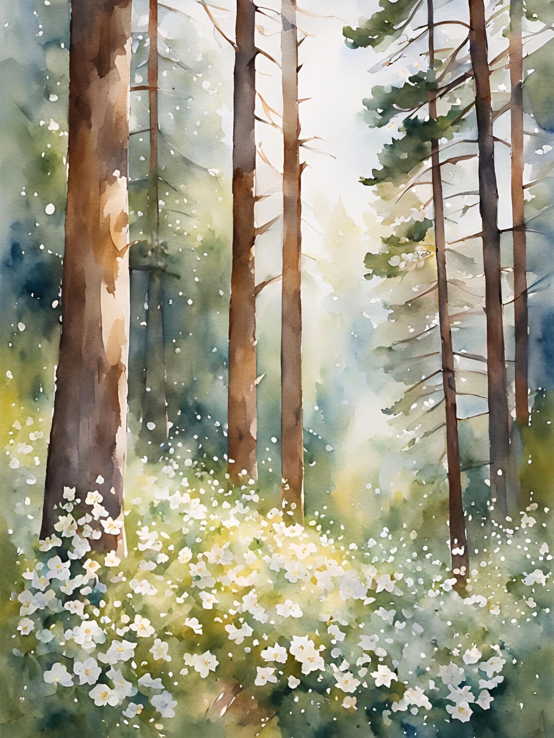 Spring Forest Painting Pine Tree Watercolor Art Print